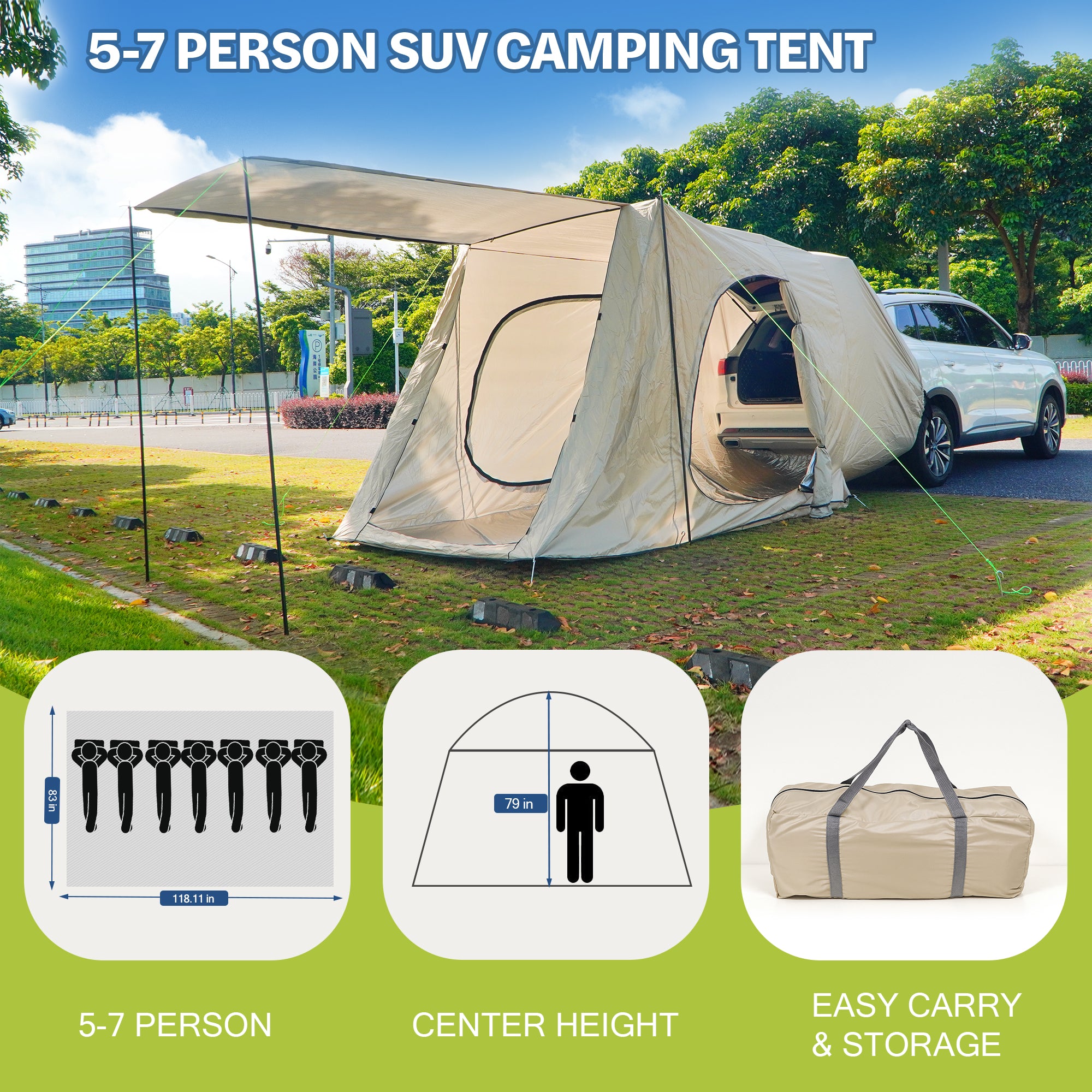 7-Person SUV Camping Tent Oxford Fabric Car Camping Tent with Sun Shelter in Khaki, 9.8 ft. x 6.5 ft. x 6.5 ft.