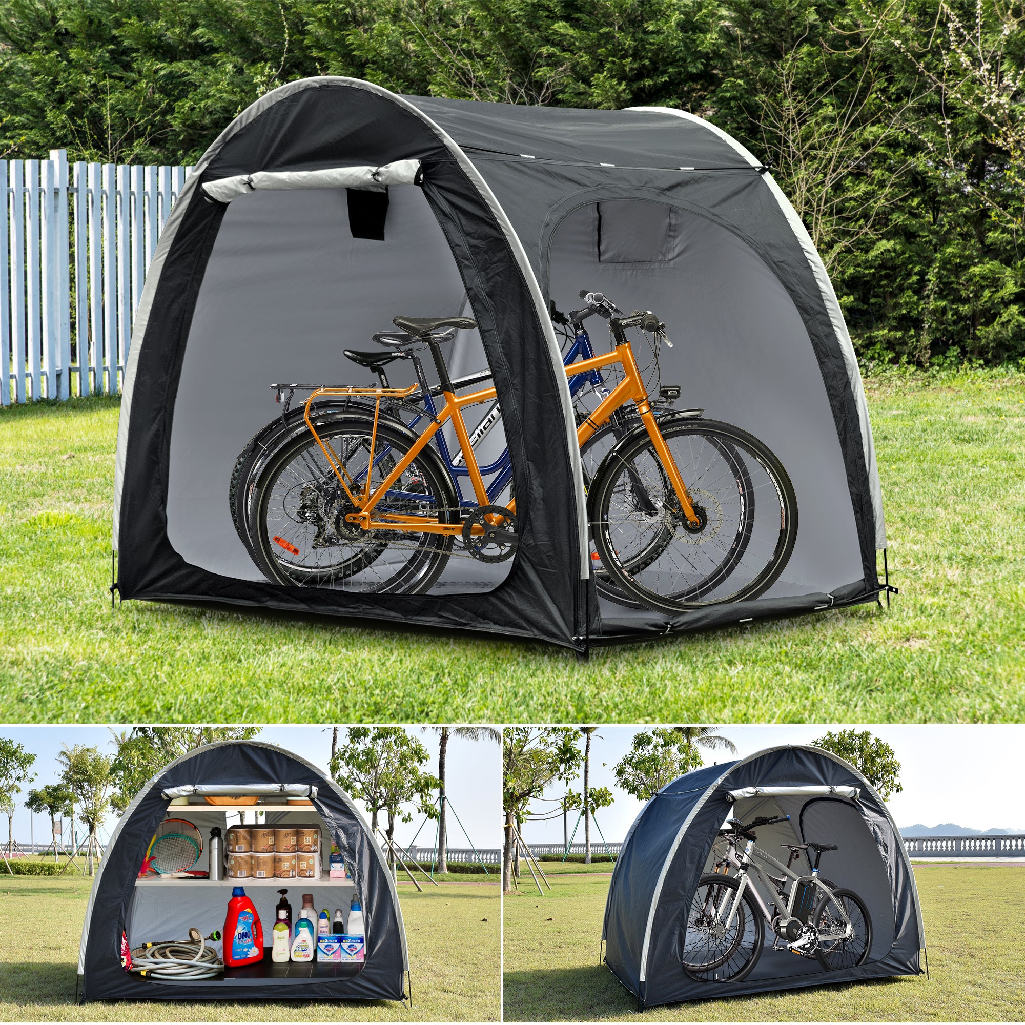 Portable Outdoor Cycling Bike Storage Shed Tent Gray Double Door Thick Silver Oxford Fabric Anti UV