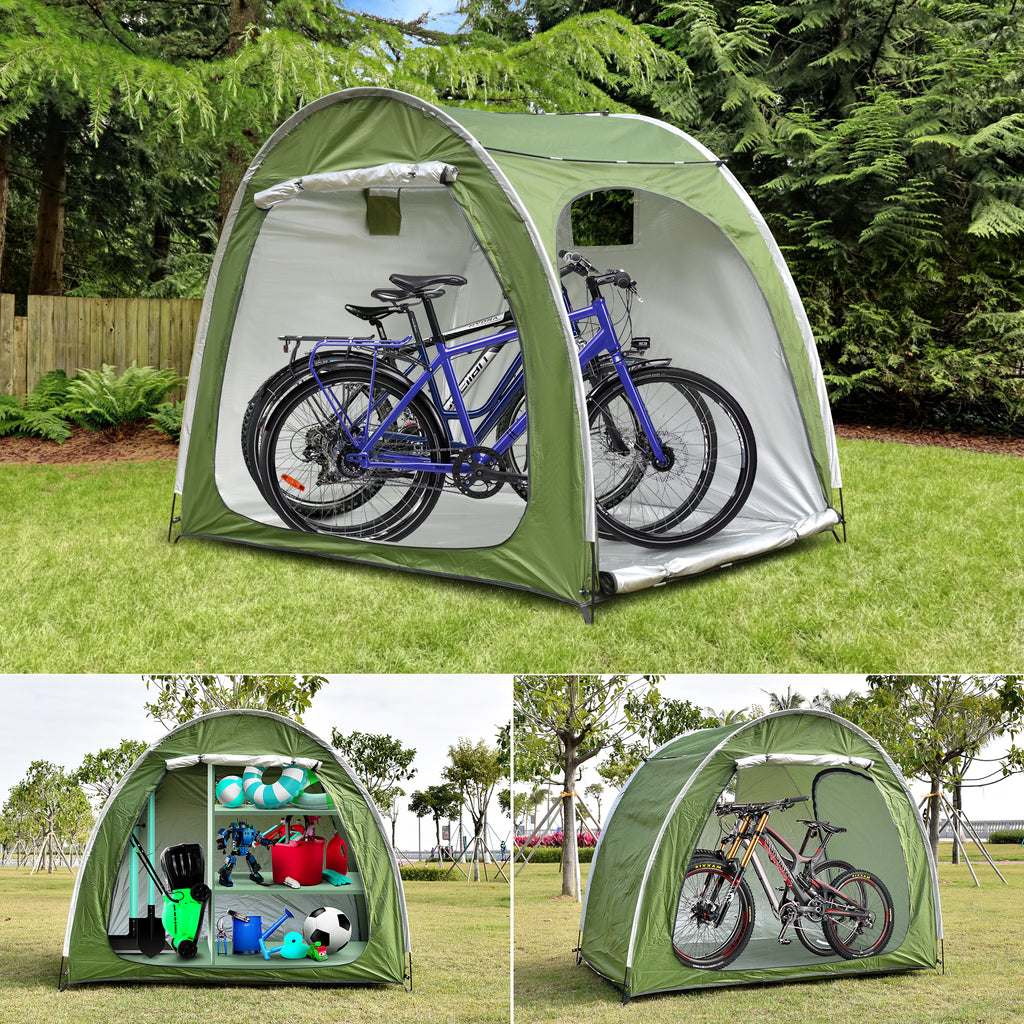Portable Outdoor Cycling Bike Storage Shed Tent Green Double Door Thick Silver Oxford Fabric Anti UV