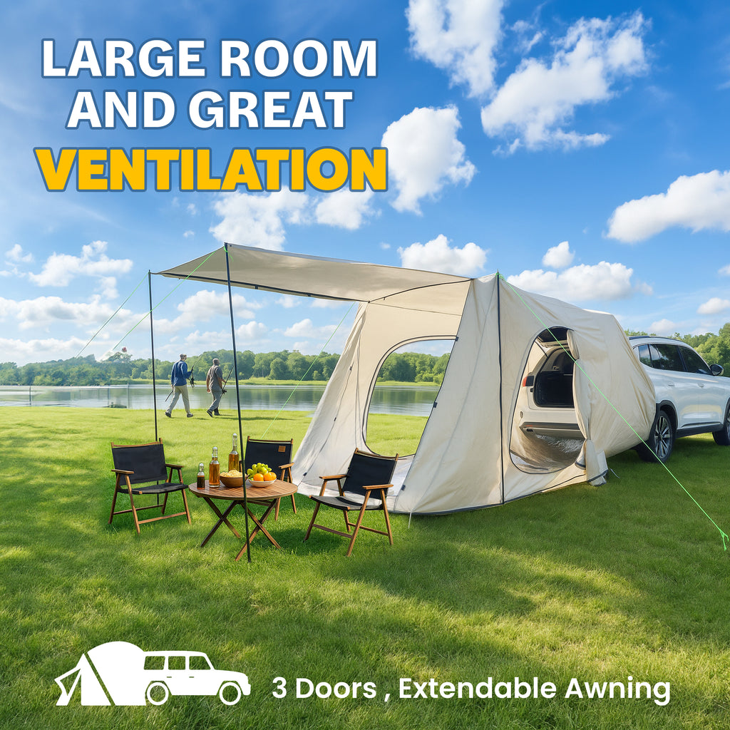 7-Person SUV Camping Tent Oxford Fabric Car Camping Tent with Sun Shelter in Khaki, 9.8 ft. x 6.5 ft. x 6.5 ft.