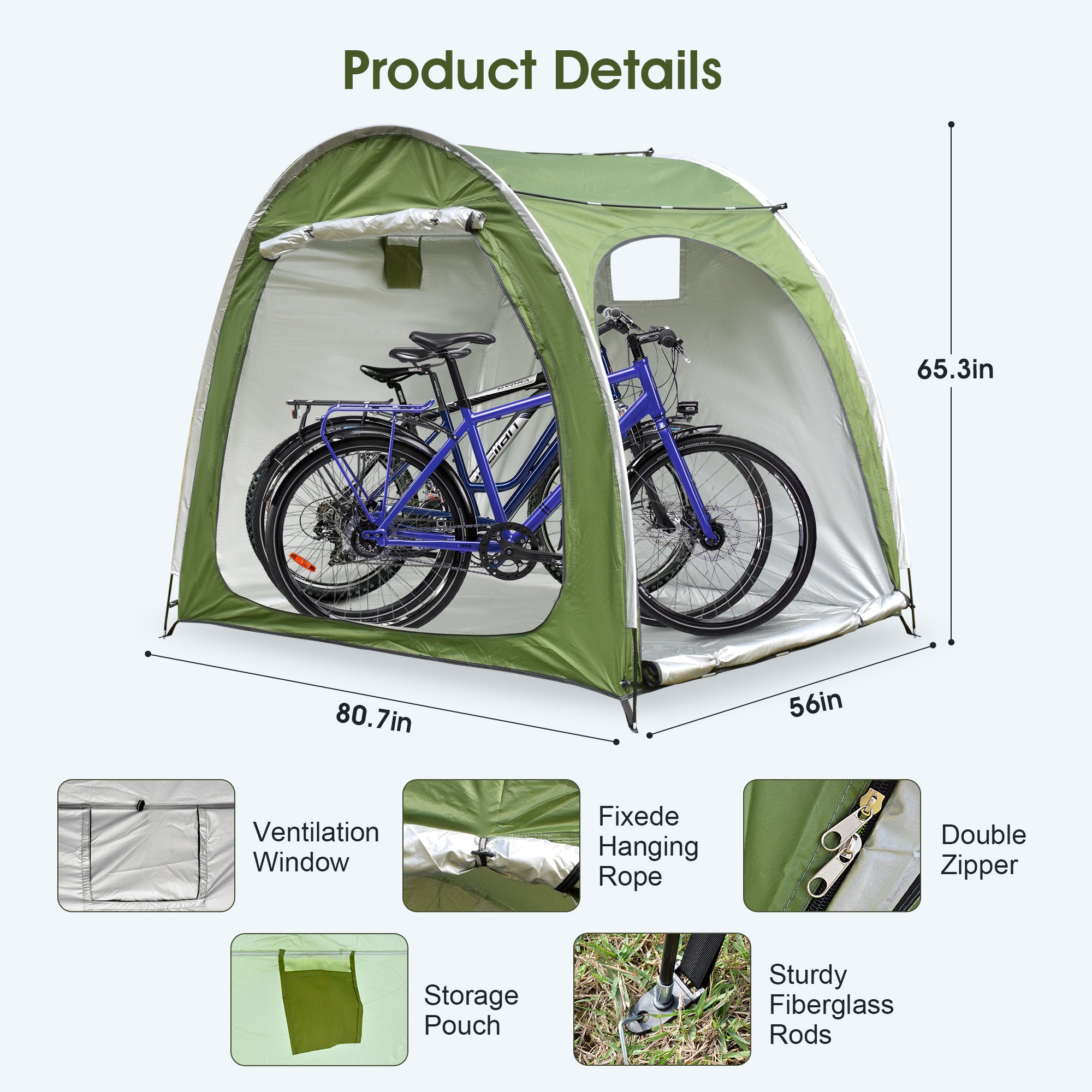 Portable Outdoor Cycling Bike Storage Shed Tent Green Double Door Thick Silver Oxford Fabric Anti UV