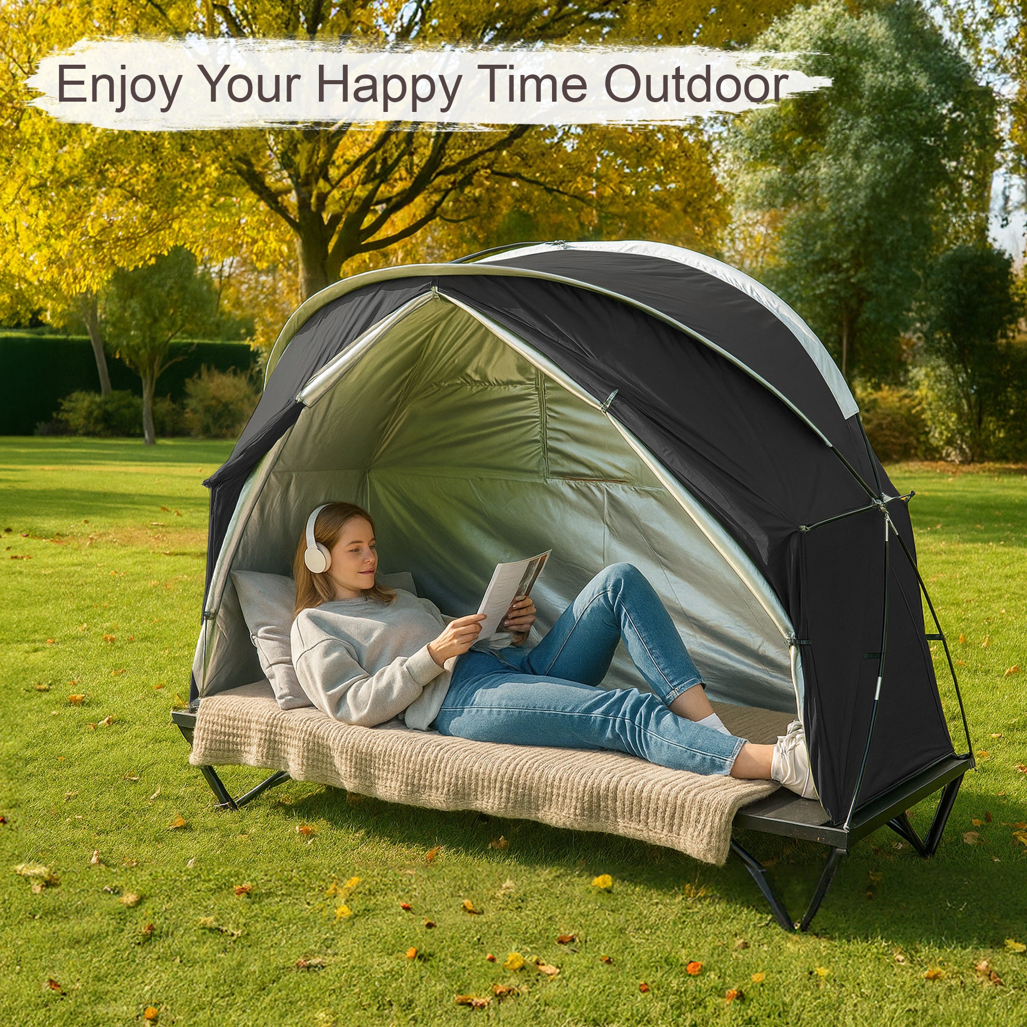 1-Person Outdoor Cot Tent with Zippered Door and Ventilation Window for Camping and Backyard in Black, Without Bed
