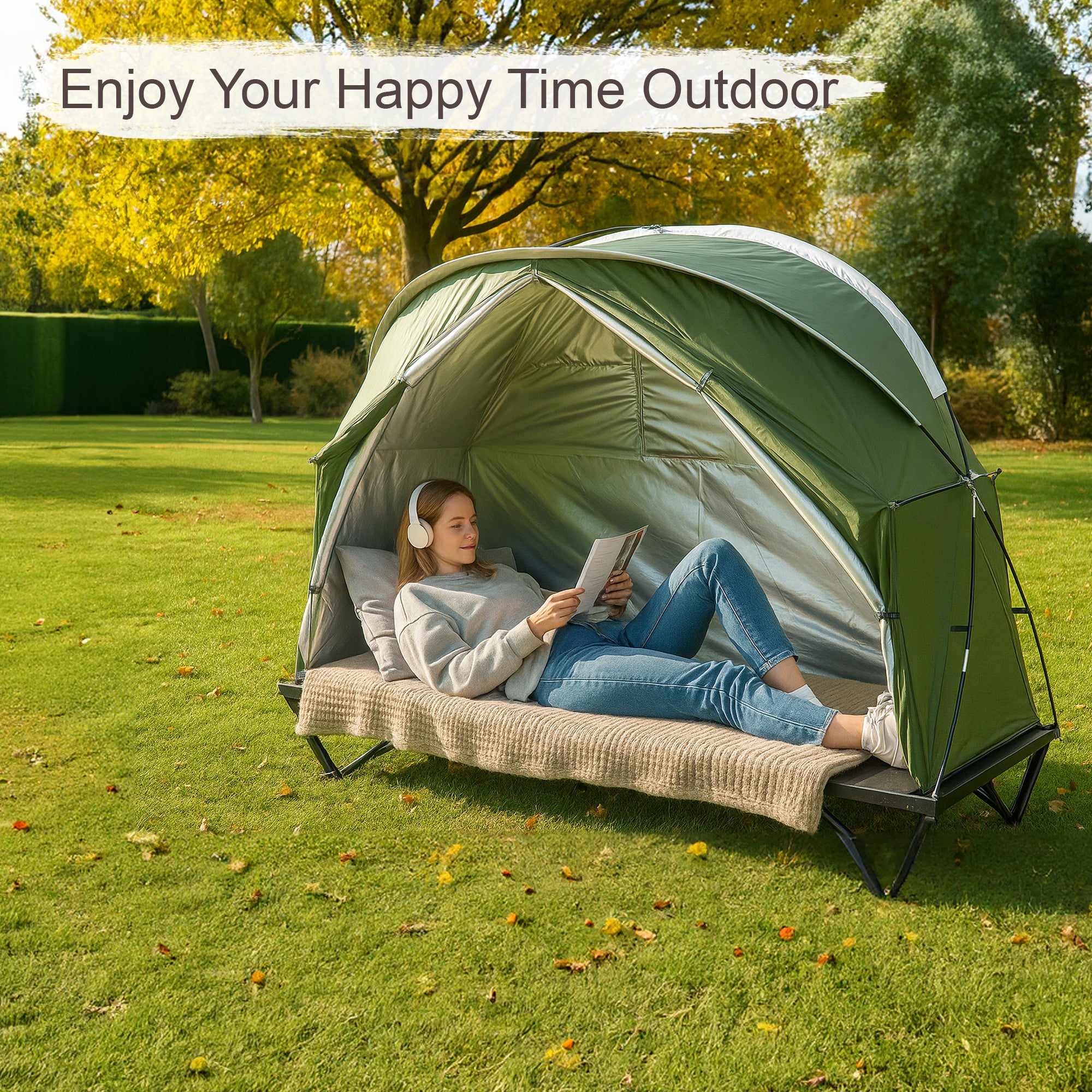 1-Person Outdoor Cot Tent with Zippered Door and Ventilation Window for Camping and Backyard in Green, Without Bed