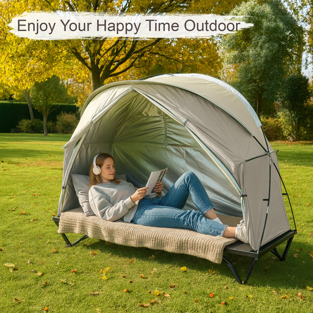 1-Person Outdoor Cot Tent with Zippered Door and Ventilation Window for Camping and Backyard in Khaki, Without Bed