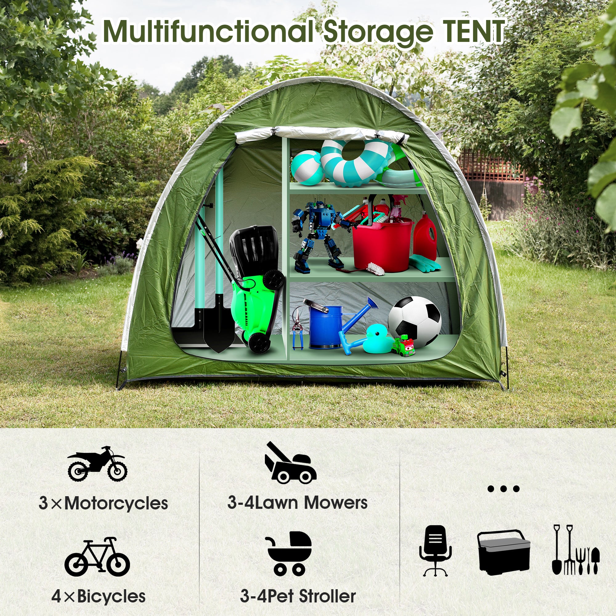 Portable Outdoor Cycling Bike Storage Shed Tent Green Double Door Thick Silver Oxford Fabric Anti UV