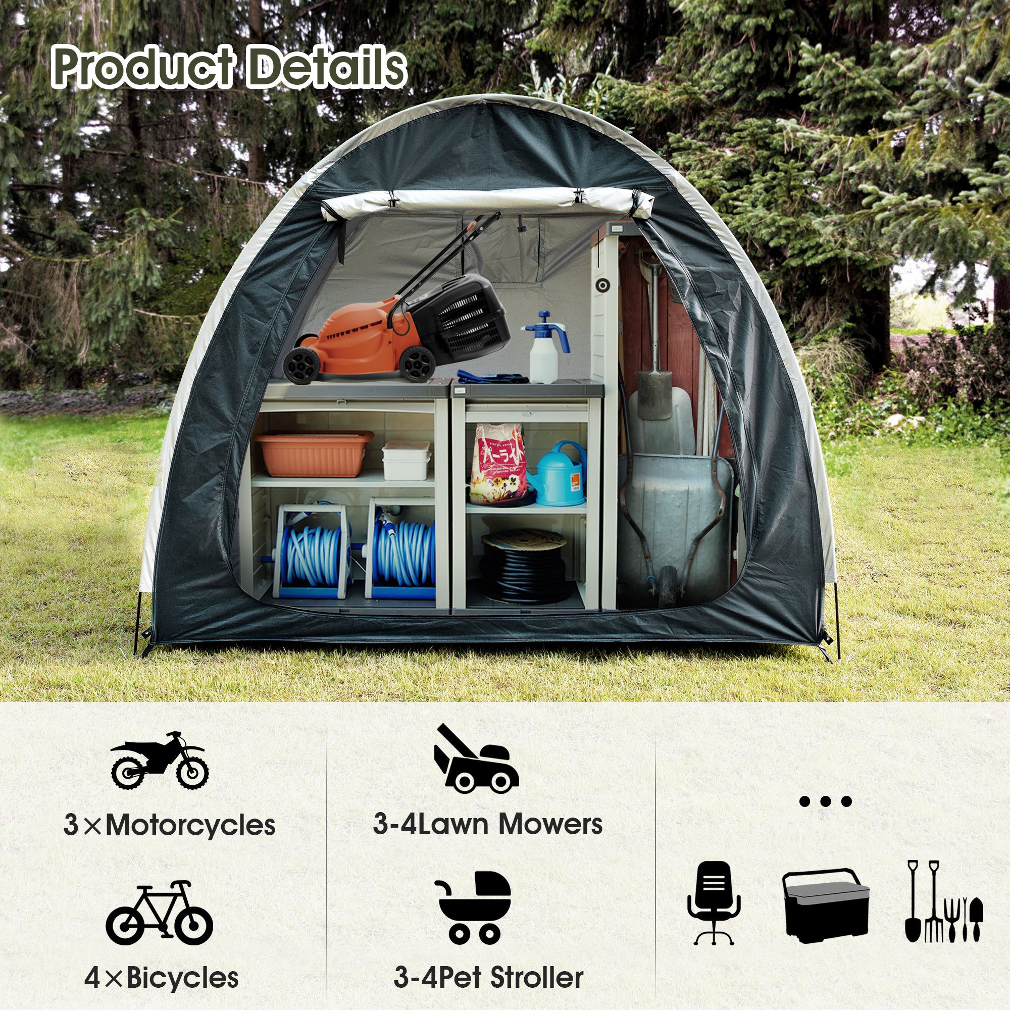 Portable Outdoor Cycling Bike Storage Shed Tent Gray Double Door Thick Silver Oxford Fabric Anti UV