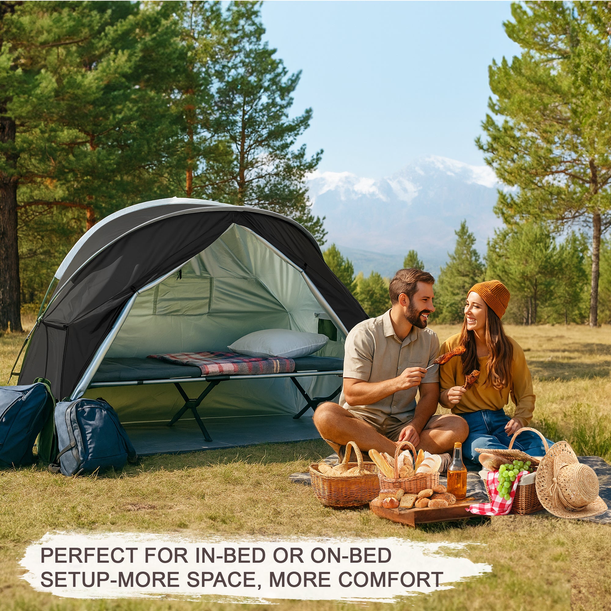 1-Person Outdoor Cot Tent with Zippered Door and Ventilation Window for Camping and Backyard in Black, Without Bed