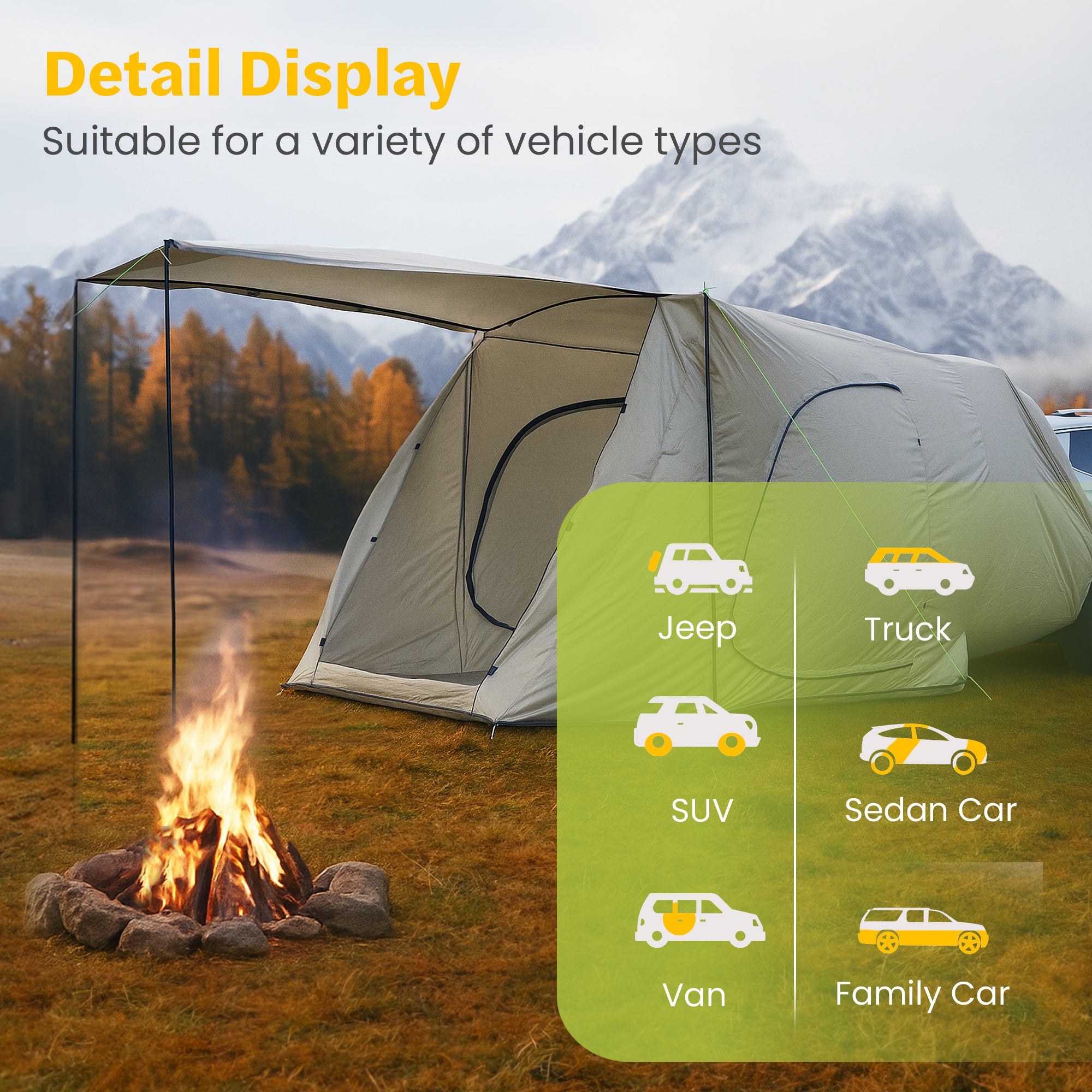 7-Person SUV Camping Tent Oxford Fabric Car Camping Tent with Sun Shelter in Khaki, 9.8 ft. x 6.5 ft. x 6.5 ft.
