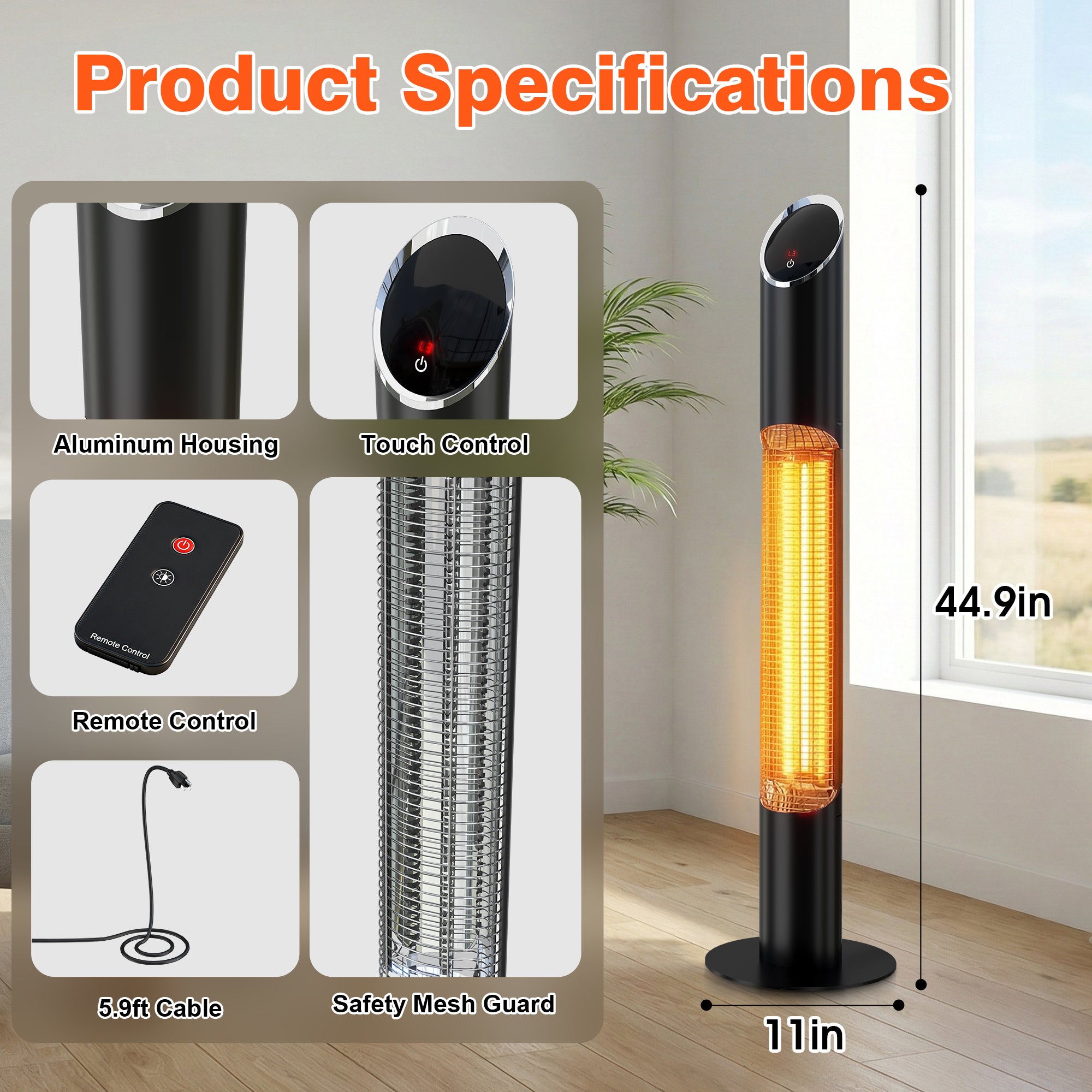 1500W Electric Tower Heater with Adjustable Heat, 8-Hour Timer, and Remote Control – Perfect for Indoor and Outdoor Spaces