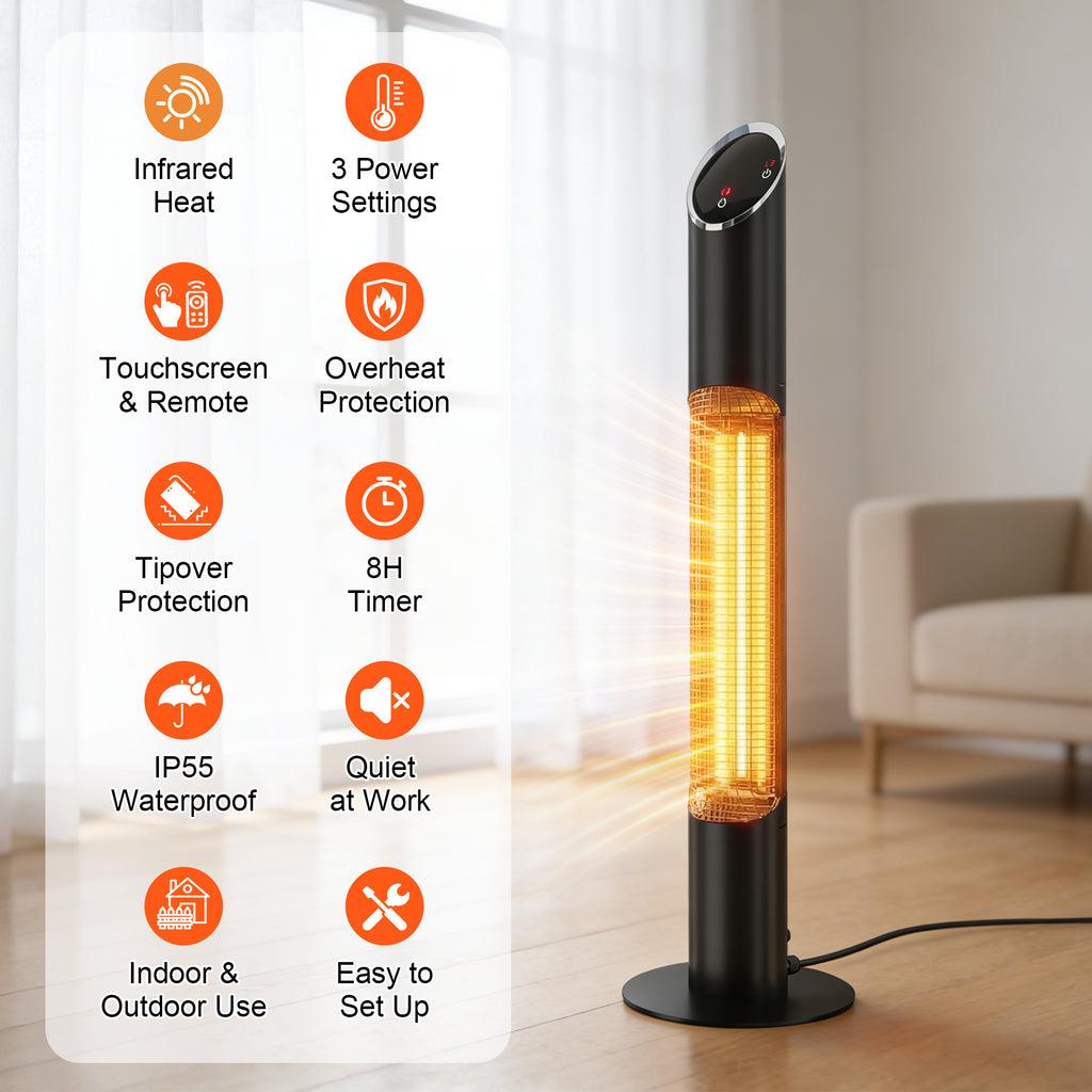 1500W Electric Tower Heater with Adjustable Heat, 8-Hour Timer, and Remote Control – Perfect for Indoor and Outdoor Spaces