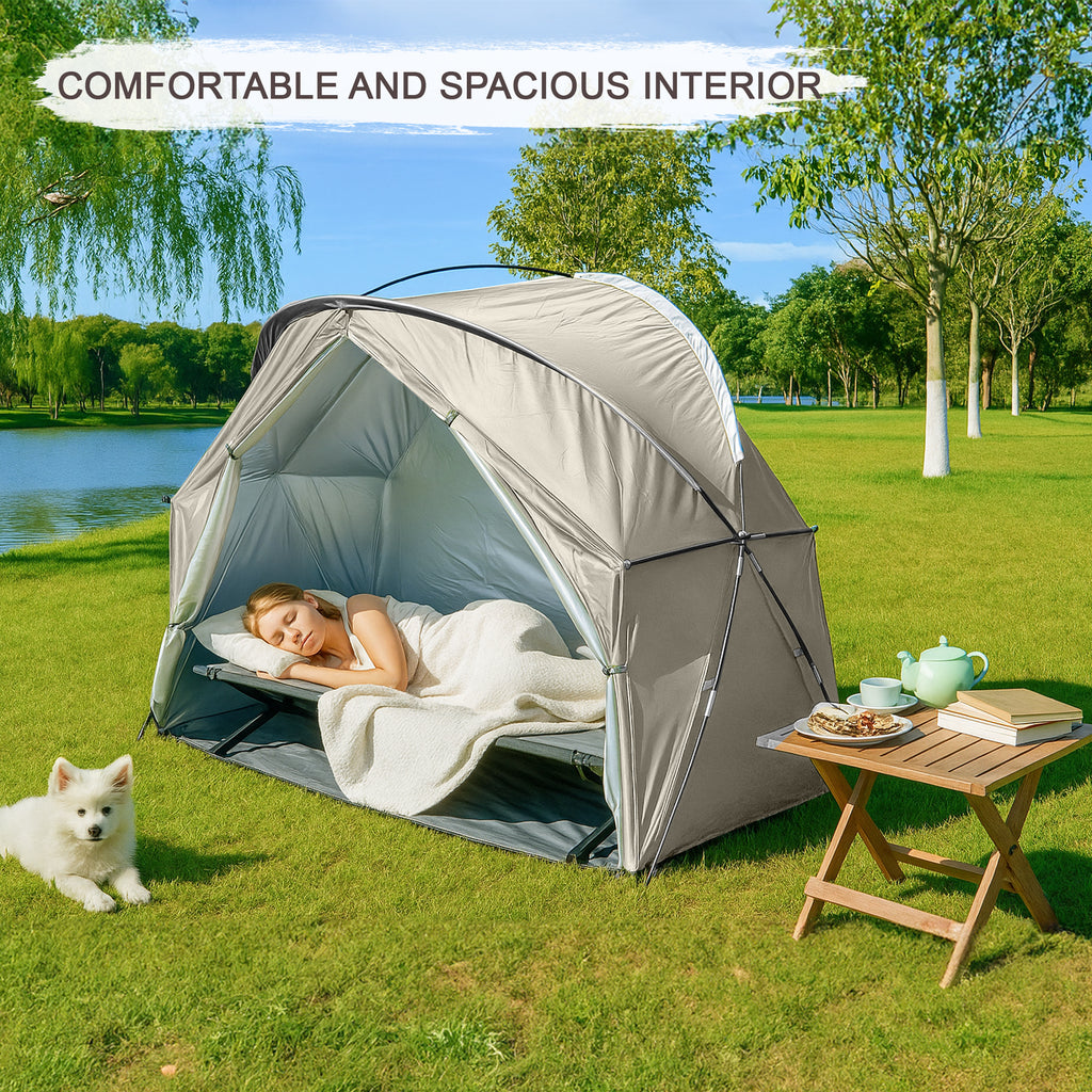 1-Person Outdoor Cot Tent with Zippered Door and Ventilation Window for Camping and Backyard in Khaki, Without Bed