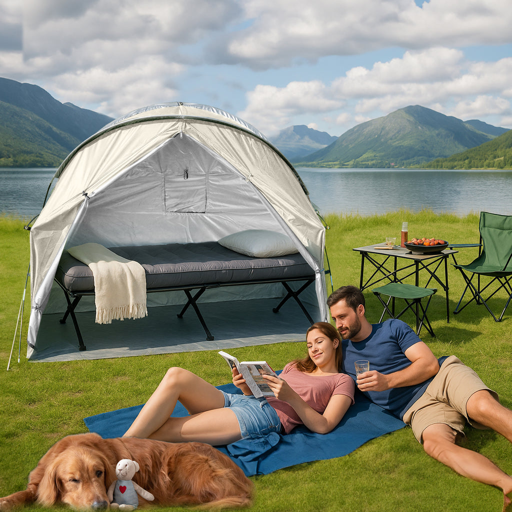 1-Person Outdoor Cot Tent with Zippered Door and Ventilation Window for Camping and Backyard in Khaki, Without Bed