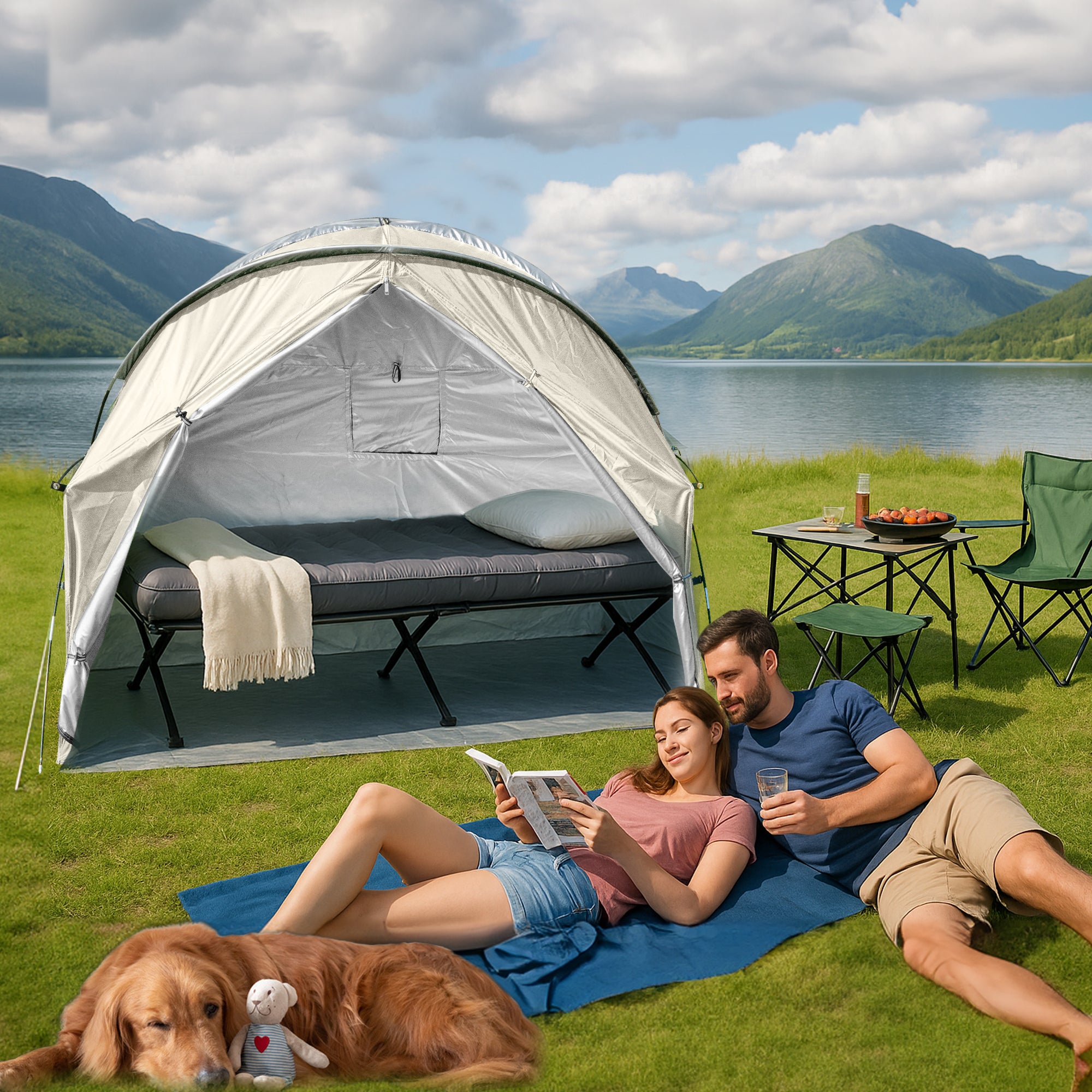 1-Person Outdoor Cot Tent with Zippered Door and Ventilation Window for Camping and Backyard in Khaki, Without Bed