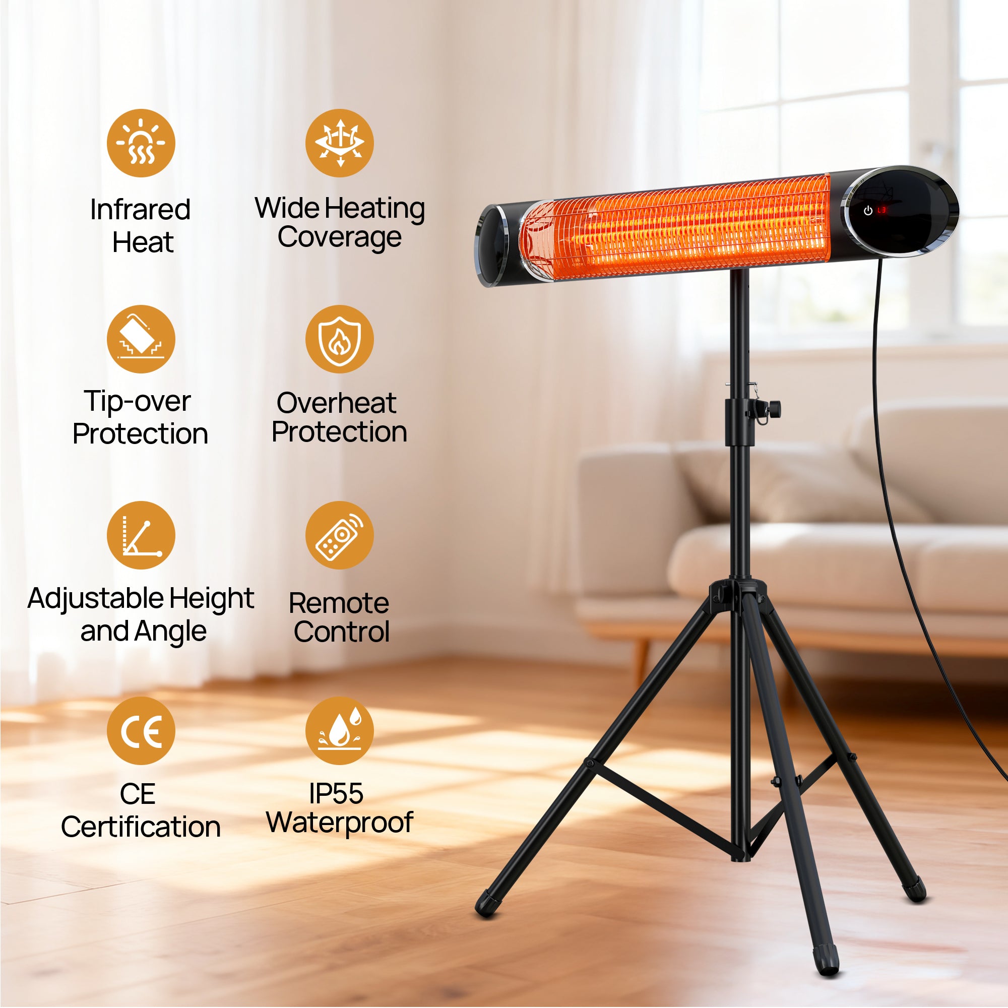1,500W Electric Tripod Heater Wall & Ceiling Mounted Heater with 3 Power Settings for Patio Garden Backyard