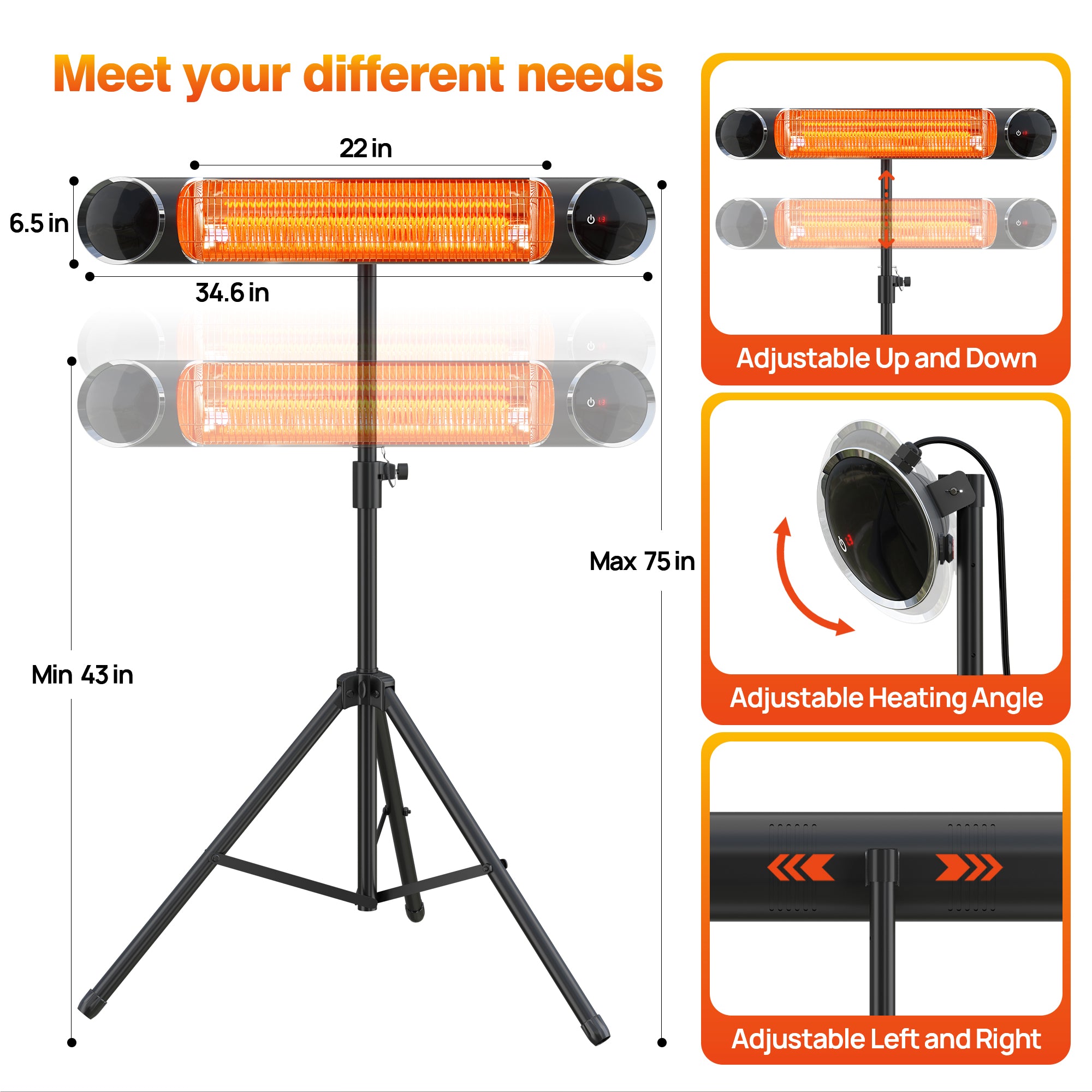 1,500W Electric Tripod Heater Wall & Ceiling Mounted Heater with 3 Power Settings for Patio Garden Backyard