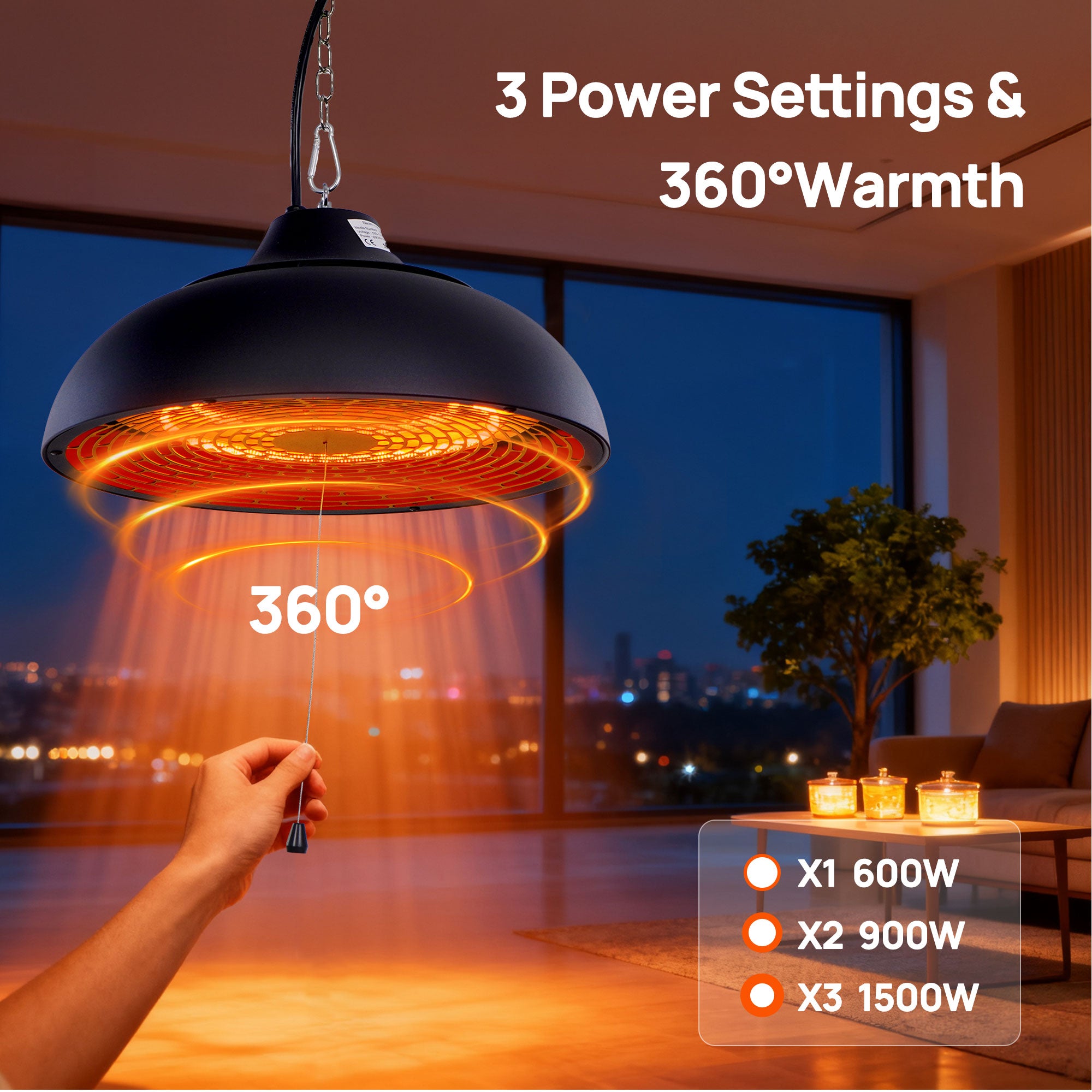 Hanging Ceiling Mouted Electric Patio Heater with Height Adjustable Chain