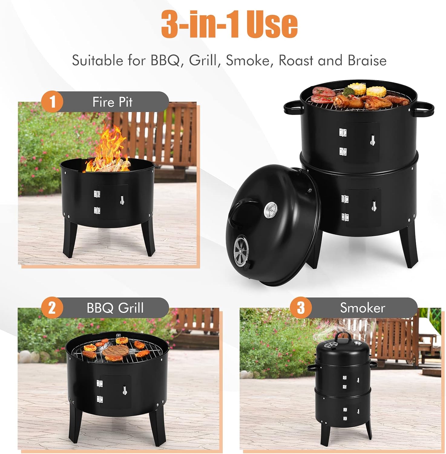 3-in-1 Charcoal Smoker Grill with 2-Layer Separable BBQ Grills for Camping &amp; Family Cooking