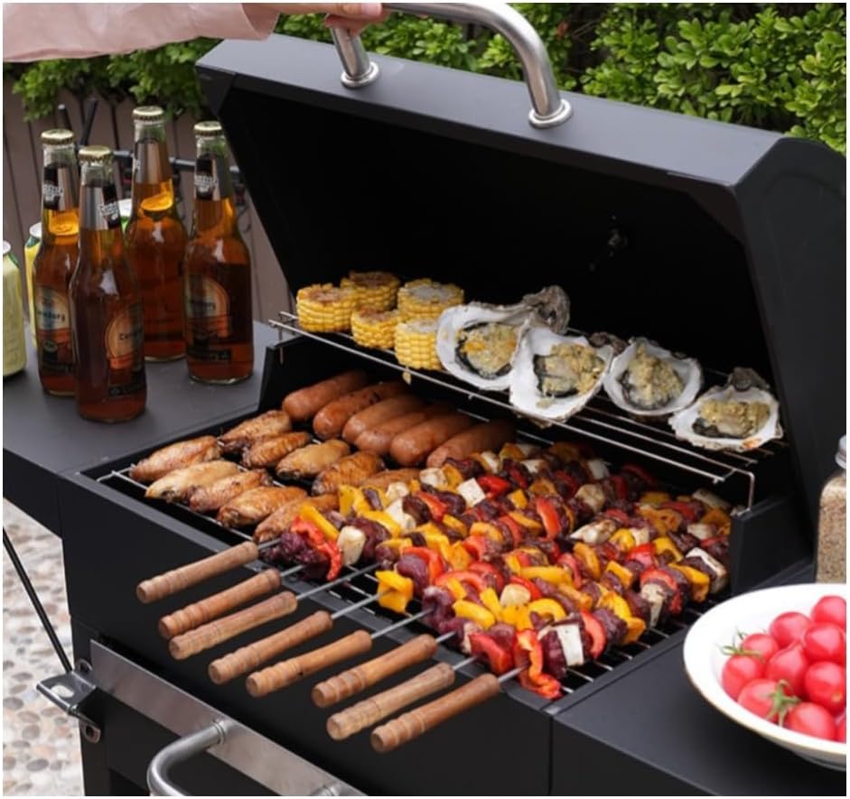 Portable Barrel Charcoal Grill with Wheels and Side Shelves, Outdoor BBQ Grill for Camping, Patio Parties, and Backyard Cooking