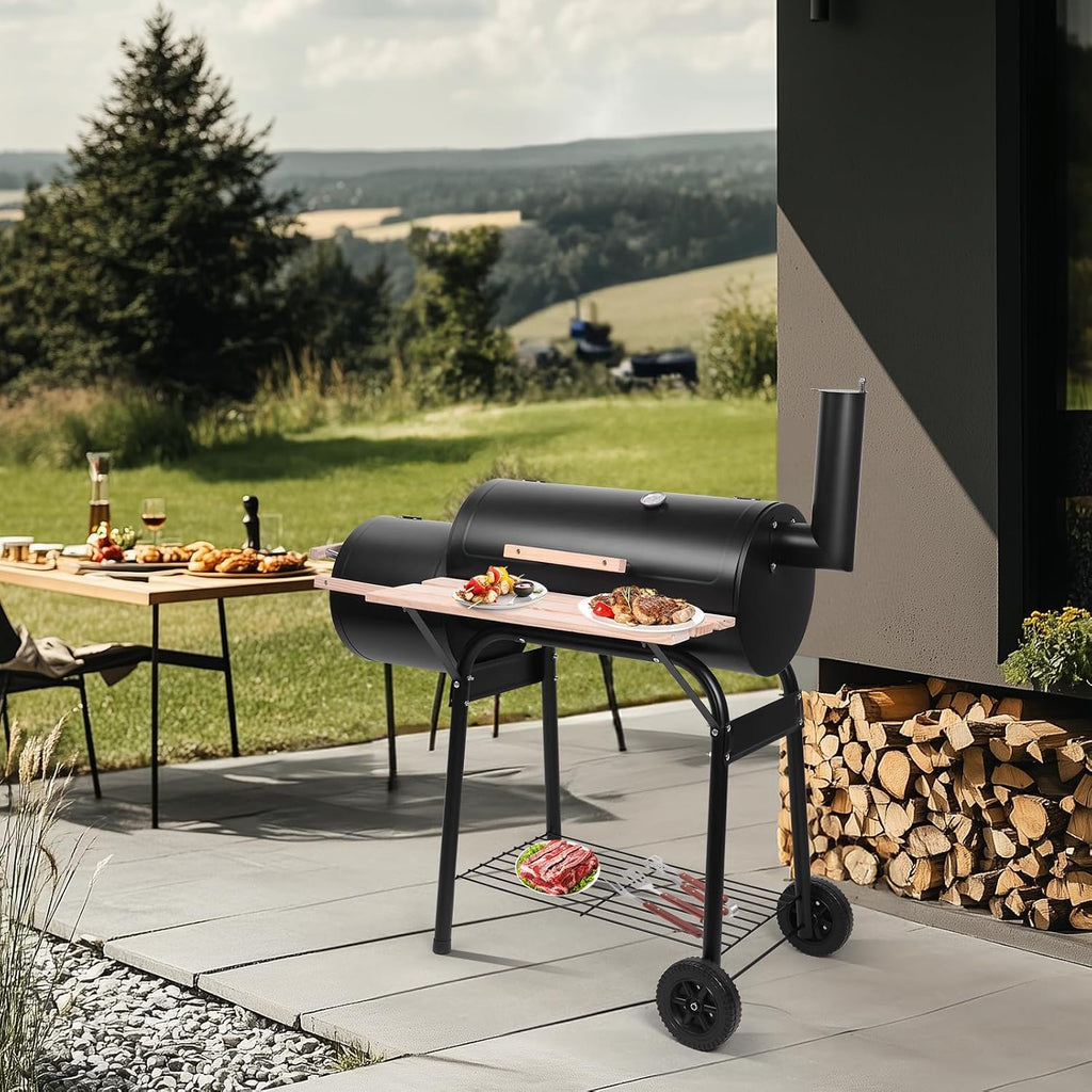 BBQ Charcoal Grill, Outdoor Patio Barbecue Cooker, Offset Smoker for Balcony Picnics, Party & Camping