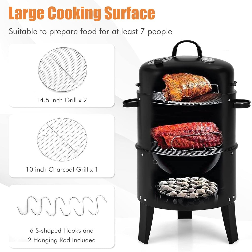 3-in-1 Charcoal Smoker Grill with 2-Layer Separable BBQ Grills for Camping &amp; Family Cooking