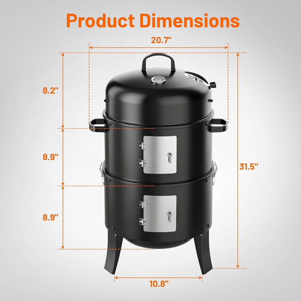 16" Charcoal Smoker Grill, 3 in 1 Heavy Duty Vertical Barbecue Grill, Versatile Outdoor Smoker Grill in Black