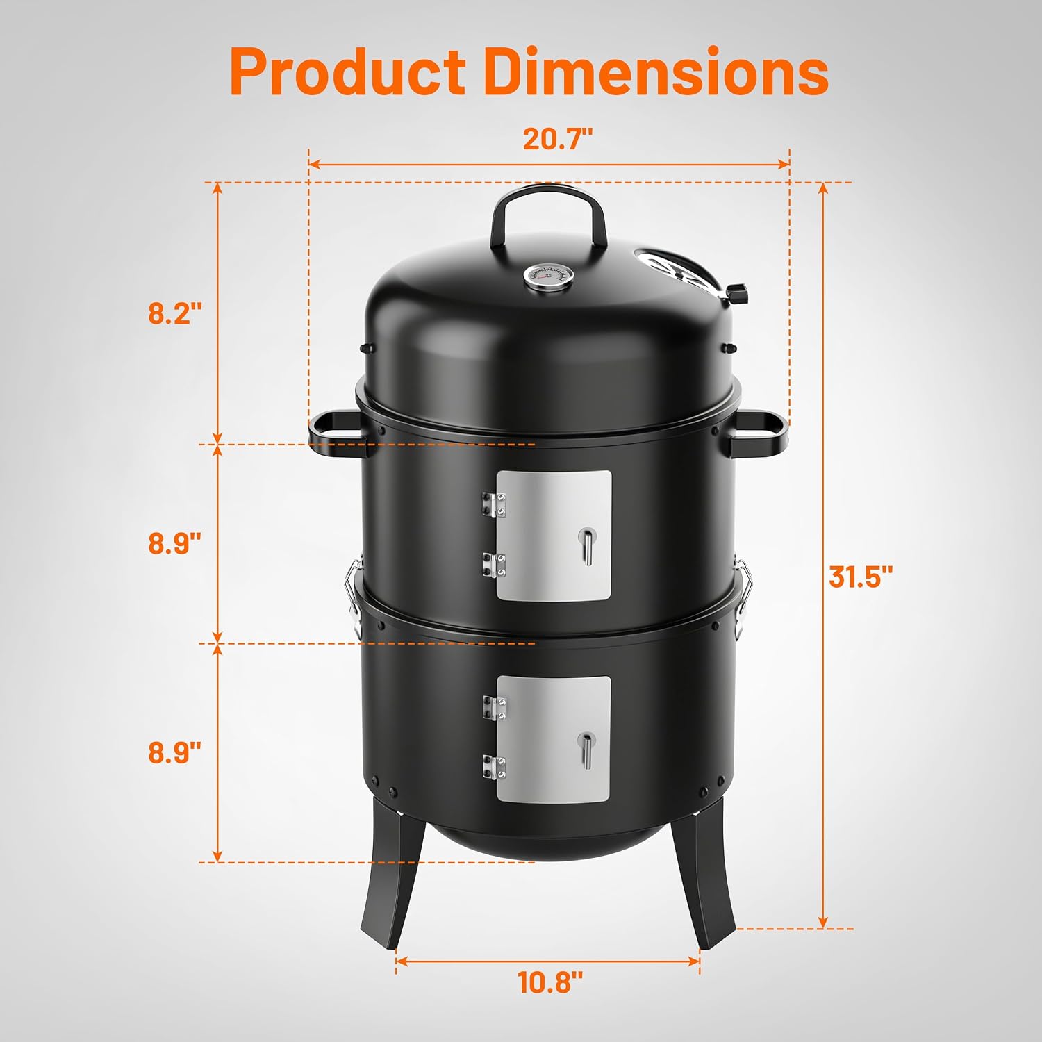 16" Charcoal Smoker Grill, 3 in 1 Heavy Duty Vertical Barbecue Grill, Versatile Outdoor Smoker Grill in Black
