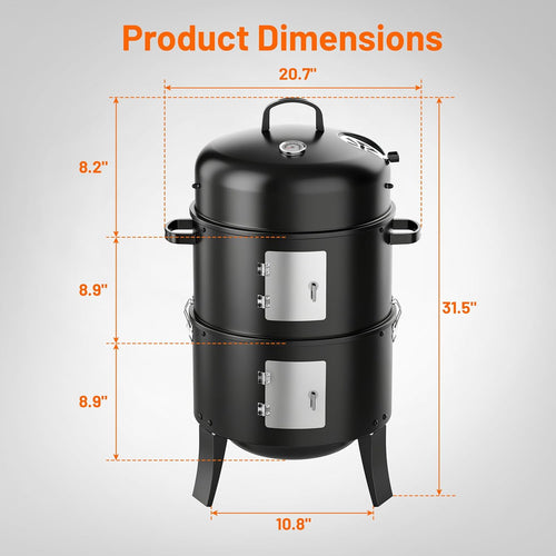 16" Charcoal Smoker Grill, 3 in 1 Heavy Duty Vertical Barbecue Grill, Versatile Outdoor Smoker Grill in Black