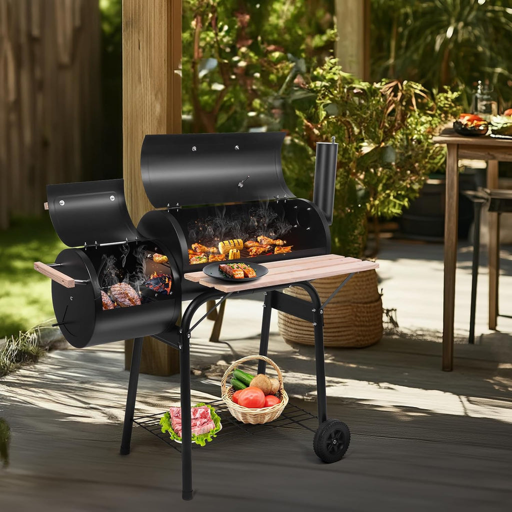 BBQ Charcoal Grill, Outdoor Patio Barbecue Cooker, Offset Smoker for Balcony Picnics, Party & Camping
