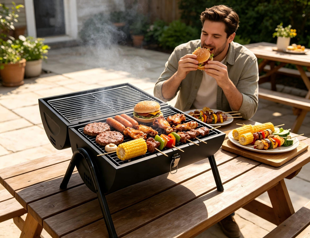 Portable Charcoal Grill with Thermometer, Dual-Sided Tabletop Black