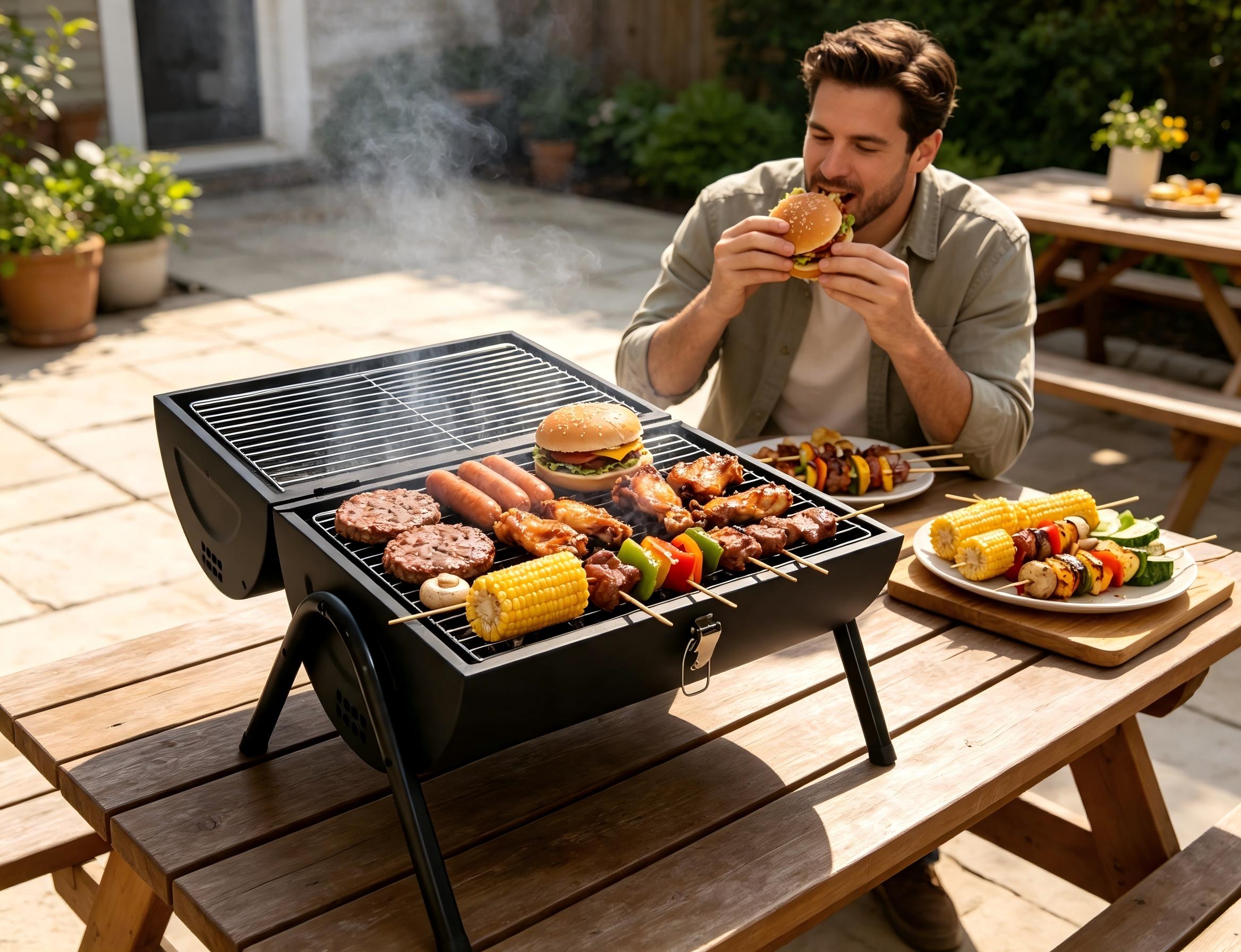 Portable Charcoal Grill with Thermometer, Dual-Sided Tabletop Black