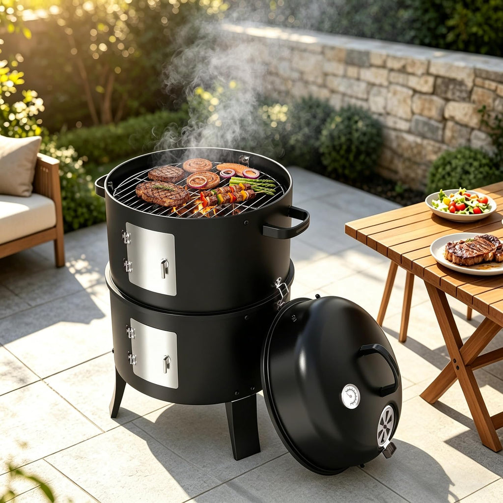 16" Charcoal Smoker Grill, 3 in 1 Heavy Duty Vertical Barbecue Grill, Versatile Outdoor Smoker Grill in Black