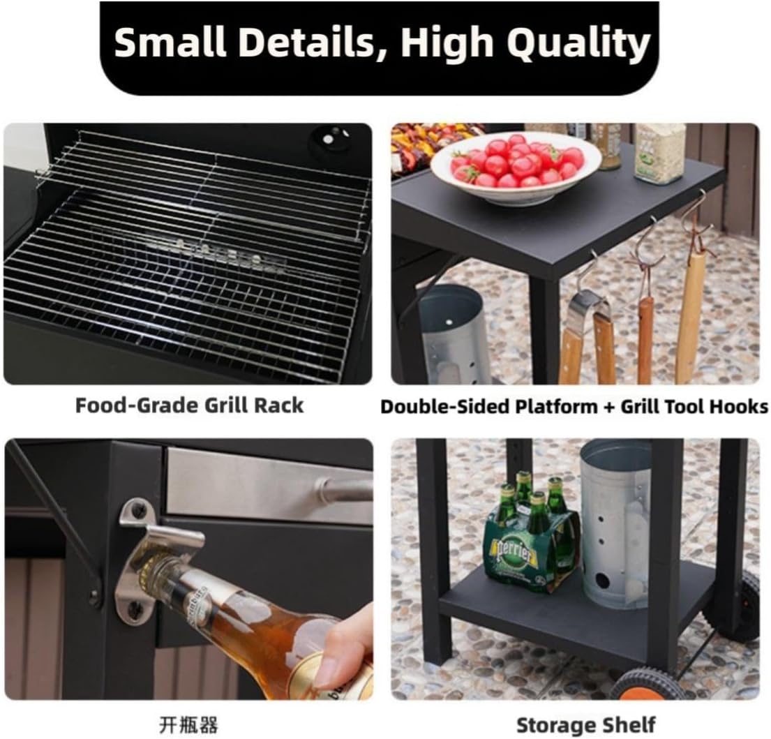 Portable Barrel Charcoal Grill with Wheels and Side Shelves, Outdoor BBQ Grill for Camping, Patio Parties, and Backyard Cooking