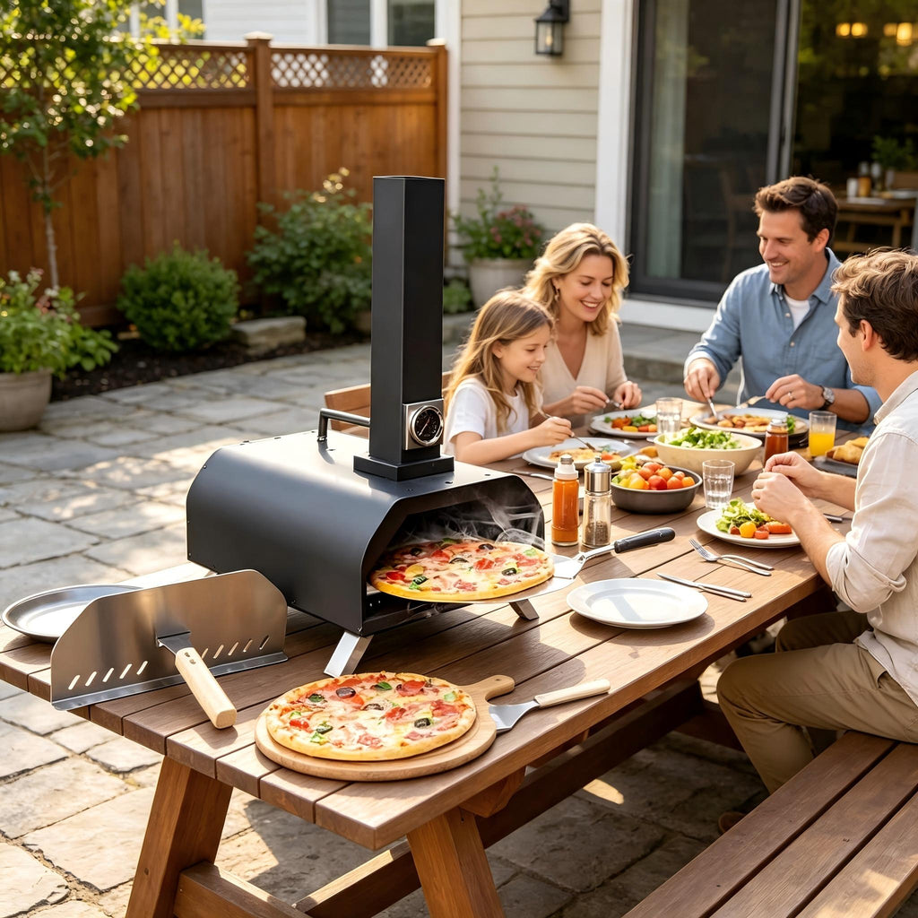 Outdoor Wood Pellet Pizza Oven, Pizza Maker with Rotating Pizza Stone, Built-in Thermometer, Foldable Legs, and Removable Chimney for Backyard, Camping, and BBQ