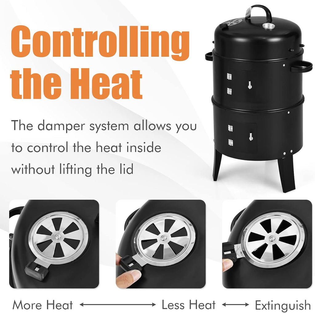 3-in-1 Charcoal Smoker Grill with 2-Layer Separable BBQ Grills for Camping &amp; Family Cooking