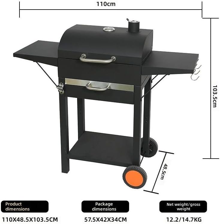 Portable Barrel Charcoal Grill with Wheels and Side Shelves, Outdoor BBQ Grill for Camping, Patio Parties, and Backyard Cooking