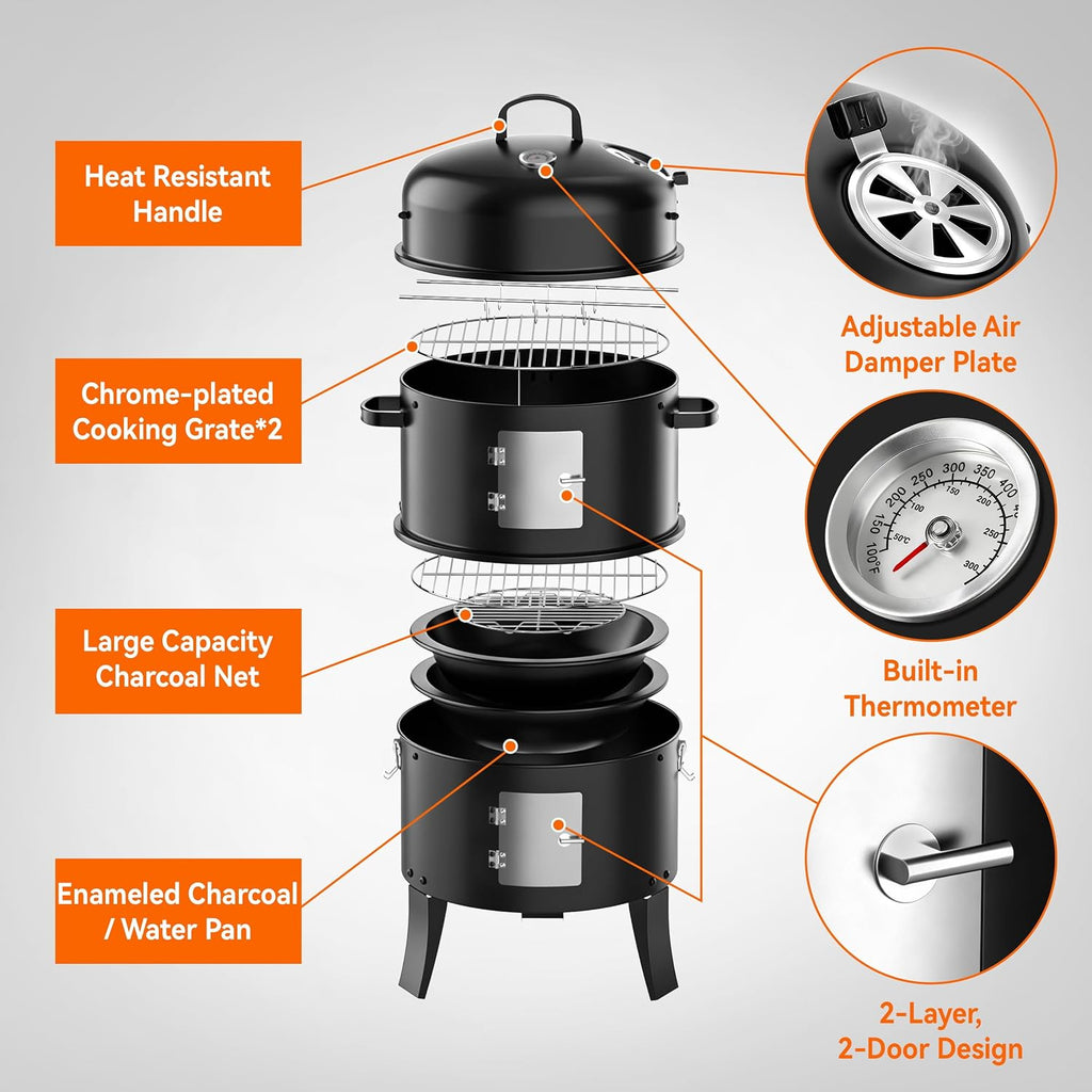 16" Charcoal Smoker Grill, 3 in 1 Heavy Duty Vertical Barbecue Grill, Versatile Outdoor Smoker Grill in Black