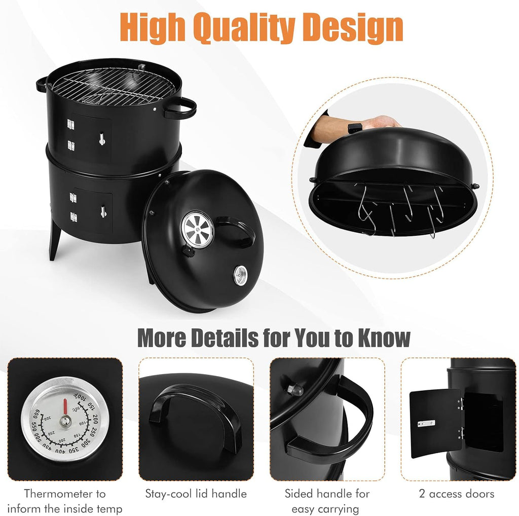 3-in-1 Charcoal Smoker Grill with 2-Layer Separable BBQ Grills for Camping &amp; Family Cooking