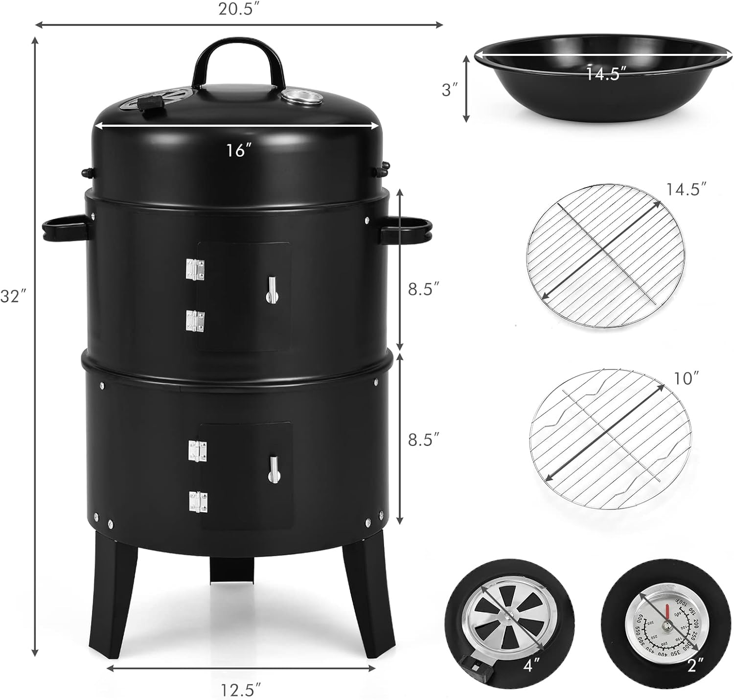3-in-1 Charcoal Smoker Grill with 2-Layer Separable BBQ Grills for Camping &amp; Family Cooking