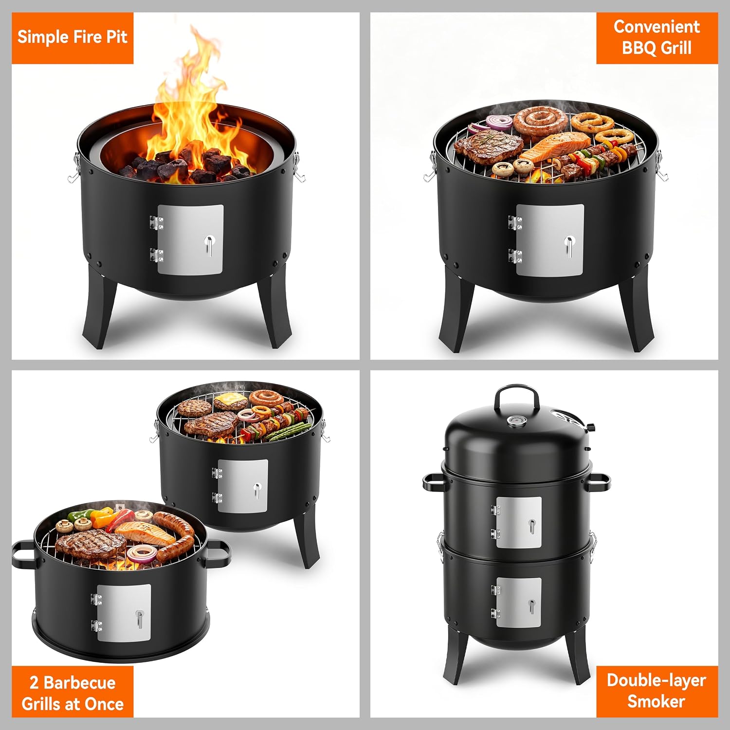 16" Charcoal Smoker Grill, 3 in 1 Heavy Duty Vertical Barbecue Grill, Versatile Outdoor Smoker Grill in Black