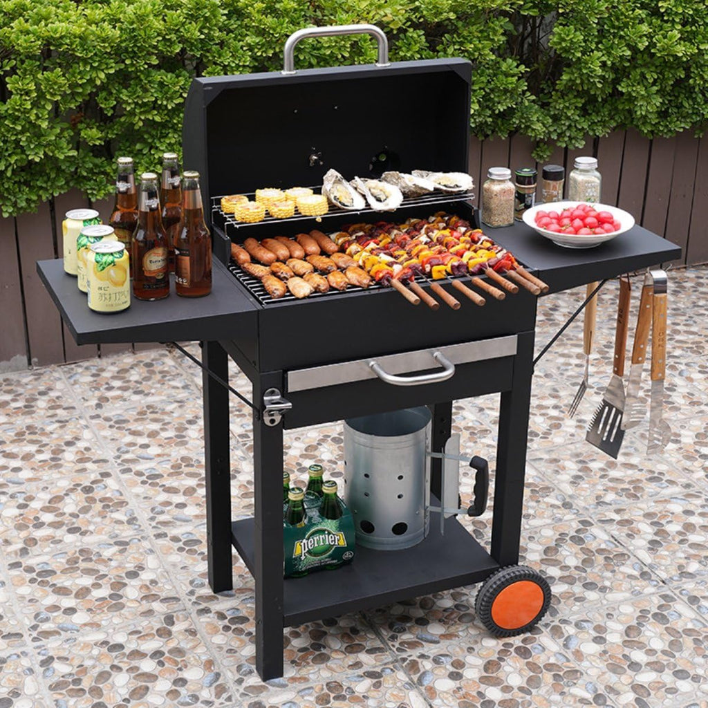 Portable Barrel Charcoal Grill with Wheels and Side Shelves, Outdoor BBQ Grill for Camping, Patio Parties, and Backyard Cooking