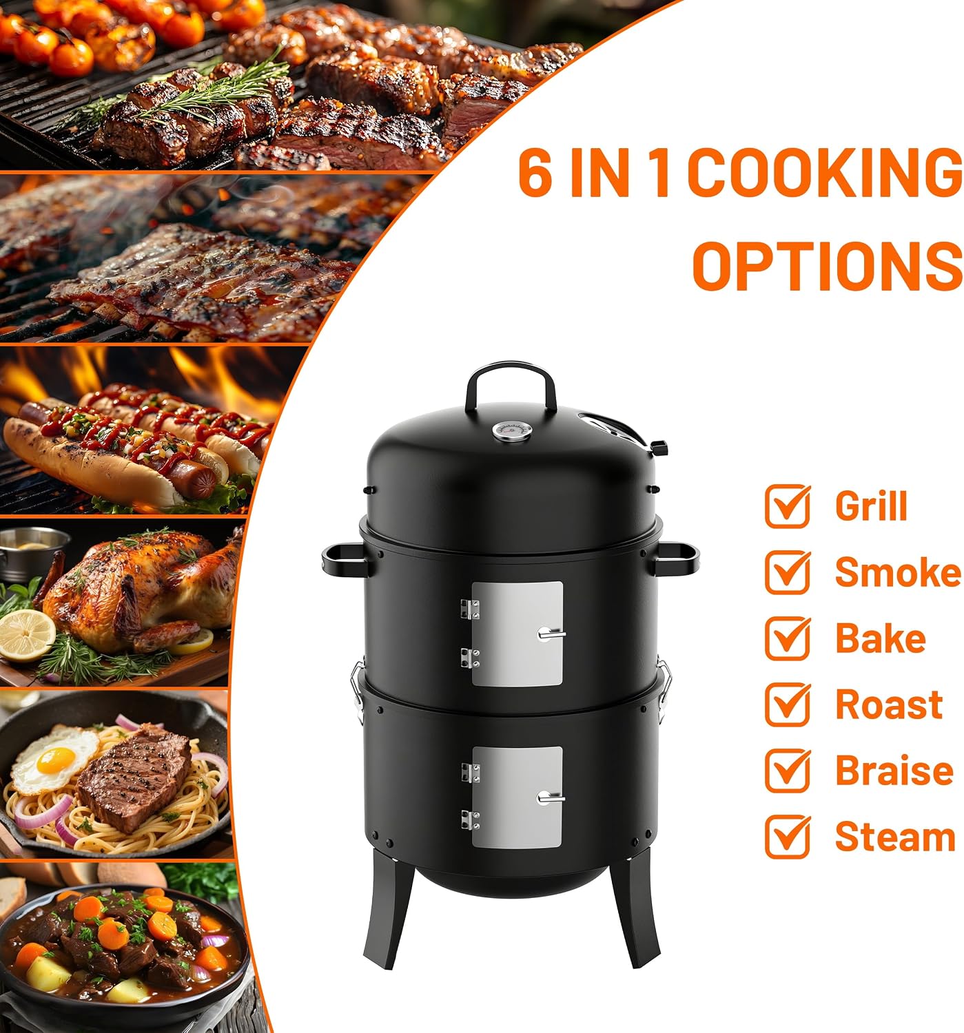 16" Charcoal Smoker Grill, 3 in 1 Heavy Duty Vertical Barbecue Grill, Versatile Outdoor Smoker Grill in Black