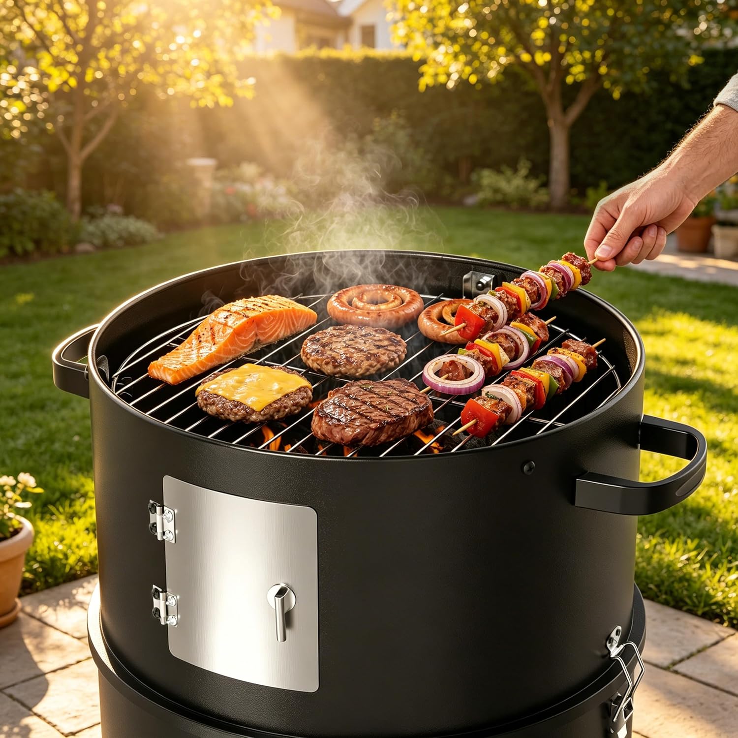 16" Charcoal Smoker Grill, 3 in 1 Heavy Duty Vertical Barbecue Grill, Versatile Outdoor Smoker Grill in Black
